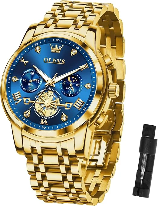 OLEVS blue-dial gold-tone watch from the supplied Amazon listing